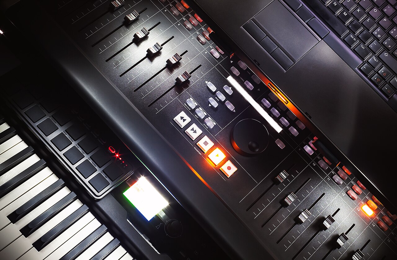 Domácí nahrávací setup s mixážním pultem, klávesami a notebookem