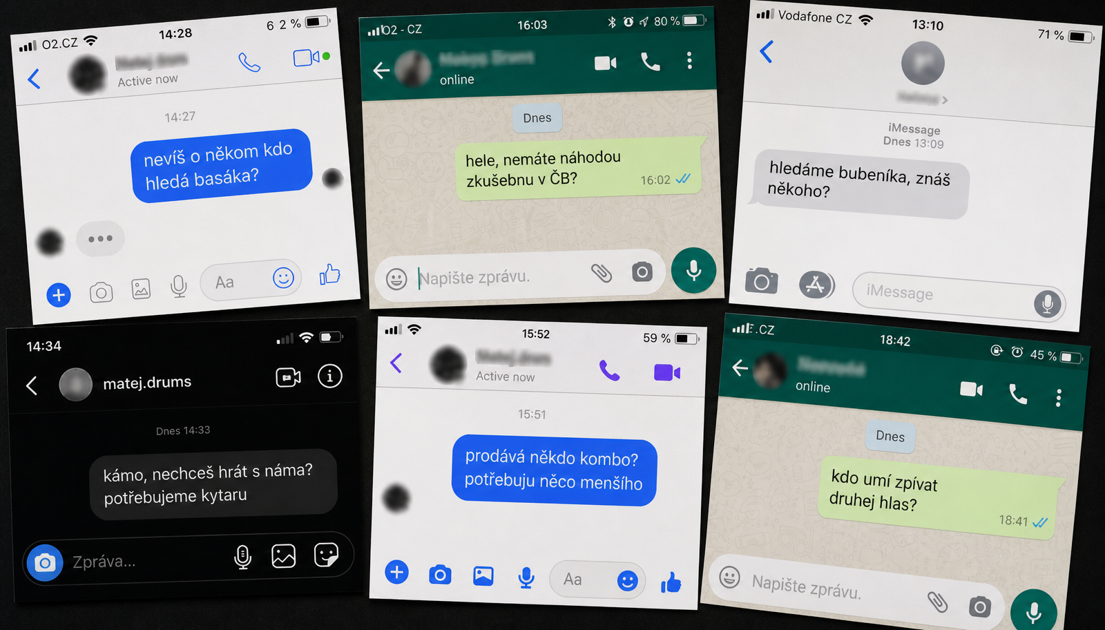 Koláž chatových zpráv od muzikantů, kteří hledají spoluhráče, zkušebnu nebo aparát